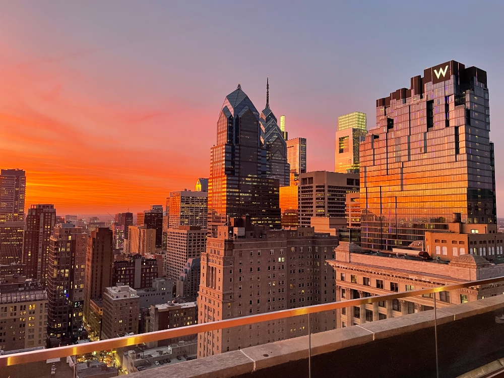 The northwest view from our roof deck, at sunset